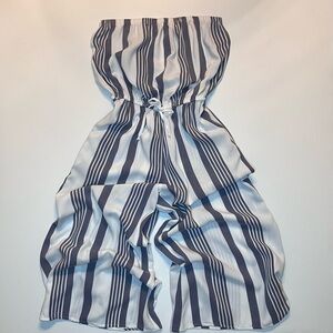 Elan Striped Cropped Wide-Leg Drawstring Strapless Cover-Up Jumpsuit Women’s S